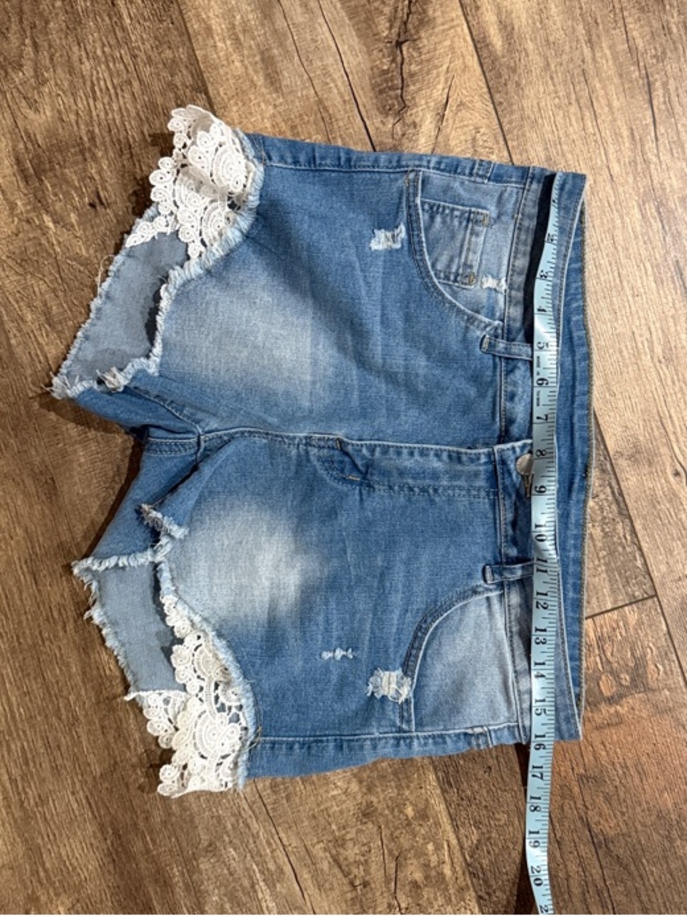 SHEIN Blue Denim Lace-Trim Distressed Shorts